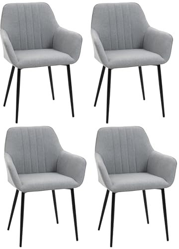 HOMCOM 4er Set Esszimmerstühle Essstühle Polsterstuhl mit atmungsaktivem Leinenbezug Wohnzimmerstuhl Sessel Küchenstuhl mit Rückenlehne Armlehne Leinen Hellgrau 59,5 x 56,5 x 81 cm