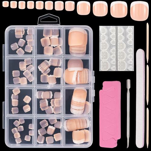 JSRQT 120 Stück Französisch Zehennägel mit Box Zehennägel Künstlich Gefälschte Zehennägel Natürliche Fake Toenails mit Nagelhautschieber Fußnägel zum Aufkleben Nagelkunst DIY Fingernägel Fußnägel Tips