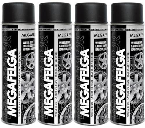 Deco Color 4er Sparpack MEGAFELGA SCHWARZ RAL 9005 MATT in 500ml - Felgenlack - Lackspray für Alufelgen und Stahlfelgen (4 Dosen 500ml Felgenlack Schwarz Matt)