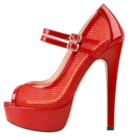 MissHeel Plateau Mary Janes Mesh Riemchenpumps High Heels Schnallen Knöchelschnallen Rot 46 EU