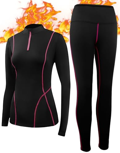 SIMIYA Thermounterwäsche Damen, Skiunterwäsche Funktionsunterwäsche Set Extra Warm und Atmungsaktiv Thermo Unterwäsche Damen mit Reißverschluss für Winter(Schwarz Rosa,S)