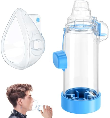 Handheld Inhaler Spacer for Infants, Children, and Adults - Anti-Static - Portable Design for Home, School, and Travel - Soft Silicone Mask - Nessi OTC Spacer - Easy to Clean (Blue Adult)
