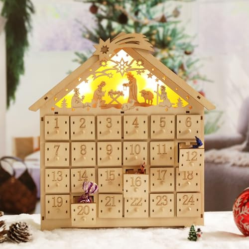 Risenor Christmas Wooden Advent Calendar with Drawers, Countdown to Christmas Refillable Wood Advent Calendar with Lighted LED Nativity Holiday Home Decorations