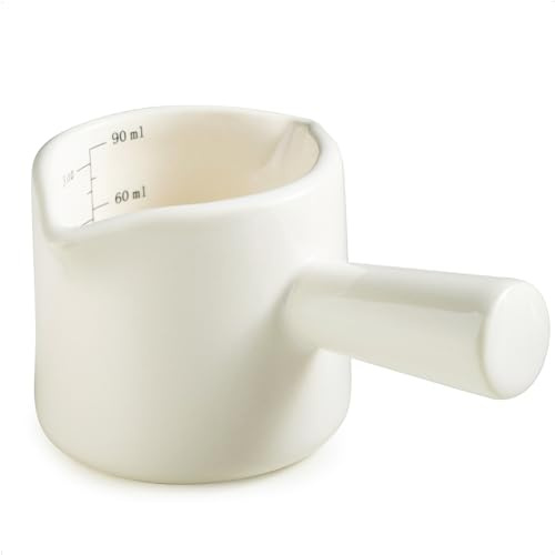YHOJOY Espresso Measuring Cup, Ceramic Espresso Cup Double Spouts Expresso Shots Cup with Handle, Espresso Accessories, 3 Oz/ 90 Ml, White