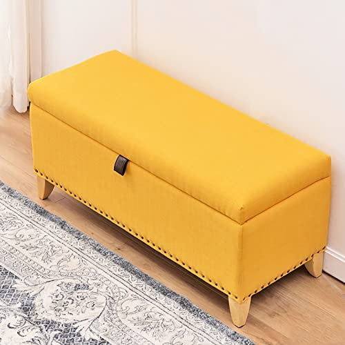 LFONDIGE Rechteckige Ottomane mit Stauraum, Leinen Gepolsterte Sitzbank mit Stauraum, Massivholz-Bettbank mit Stauraum, Moderne Sitztruhe für Schlafzimmer, Gelb 60x40x45cm(24x16x18inch)