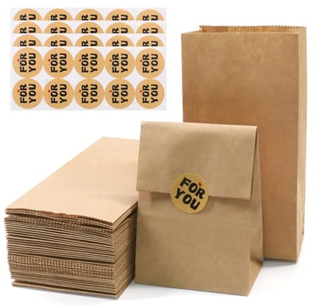 SumDirect Kraft Paper Lunch Bags - 50 Count Brown Paper Pouches with sticker, Bulk Durable Bags for Sandwich Bread Gift Wrapping, Food, Party Favor (5.5x9x18cm)