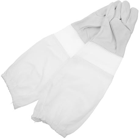 OFFSCH Lange Imker-schutzhandschuhe Aus Ziegenleder Handschuhe Für Imker Mit Mesh-einsatz Elastischem Band Weiß Für Händeschutz Und Kleidungsschutz