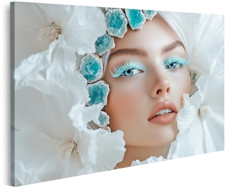 islandburner Prime Bild auf Leinwand Frau mit türkisen Wimpern und weißen Blumen Bilder Wandbilder Poster