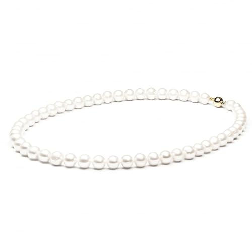 Gaura Perlenkette Damen – Weiße runde Süßwasserperlen 8,5–9,5 mm • 50 cm Matinee-Länge • 585 Weiß-/Gelbgold-Verschluss • Handgefertigter Luxusschmuck & Geschenk