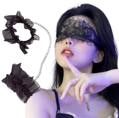 2-teiliges Set aus Spitzenschleifen-Handschellen und Spitzen-Augenmaske, weiche Handschellen für Erwachsene, Partykostüm-Spitzenmaske für Rollenspiel-Party-Karneval