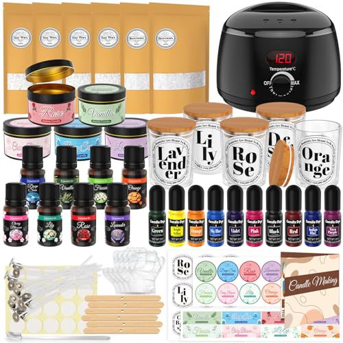 Gikikoko Candle Making Kit with Wax Melter - Complete DIY Kit Candle Making Supplies, Candle Making Kits for Adults with 3.3 lb Wax, Essential Oil, Candle Dye, Jars, Stickers, Spoon, Glue Dot