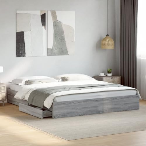 MOBCANT Bettgestell mit Schubladen, Hausbett Doppelbett Polsterbett Futonbett Geeignet für Hotel Wohnungen Schlafzimmer Gästezimmer Grau Sonoma 180x200cm Holzwerkstoff