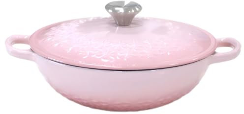 Romantic Gardenia Relief Cast Iron Dutch Oven with Lid，2-3L Cast Iron Pan with Double Loop Handle, 22cm shallow Enamelled Cooking Pot (Pink)