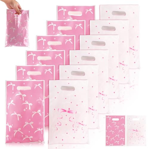 30 Stück Plastikgeschenktüten rosa mit Schleife - Süßigkeitentüten für Parties, Geburtstagsfeiern & Themenaktivitäten