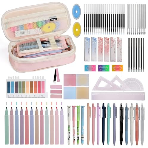 MOSTFUN 108 Pezzi Forniture Scolastiche con Rosa Astuccio, 12 Evidenziatori Pastello, 4 Penne Cancellabili, 5 Penne Gel, 6 Portamine, Set di Cancelleria per Studenti