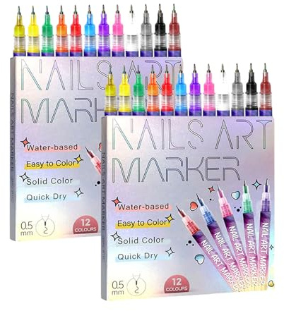 12 Colors Nail Art Pens Set - 3D Nail Polish Pens, Acrylic Paint Pens Nail Markers for Nail Art Painting, Nail Point Dotting Liner Pen Manicure Tools Nail Design Kit for Home Nail Salon DIY (24Pcs)