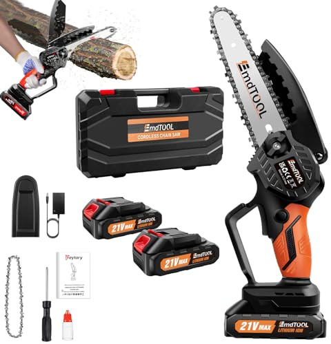 Motosierra eléctrica con batería de 21 V, con 2 baterías, 15,24 cm, color naranja, sierra de cadena de mano de una mano con bloqueo de seguridad para jardinería, poda de árboles, corte de madera