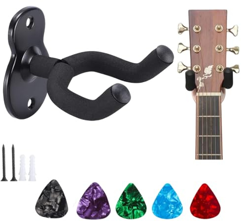 1 gitarrväggfäste + 5 plektrum, justerbar design, för olika instrument, vägggitarrhållare, gitarrväggfäste