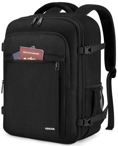 VSNOON Handgepäck Rucksack, Erweiterbare Reisetasche 24L bis 30L, Wasserdicht Rucksack Handgepäck Flugzeug mit Nassfach, Ryanair Handgepäck 40x30x20 für 15 Zoll Laptop für Ryanair, Lufthansa, Schwarz
