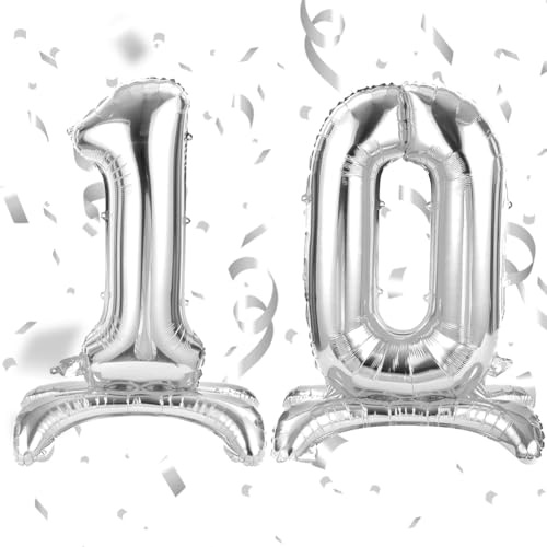 APXEL Silver Standing Number 10 Balloons, 40 Large Foil 1& 0 Balloons | Self Inflating 10th Birthday Balloon for 10 Year Anniversary Birthday Party Christmas Decorations Supplies