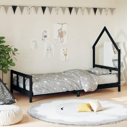 IBUQDDV Massivholz Kiefer Kinderbett 90x200 cm in Schwarz mit robusten Latten und Hausform Design für Stabilität und Belüftung Einzelbett aus massivem Kiefernholz mit rustikaler