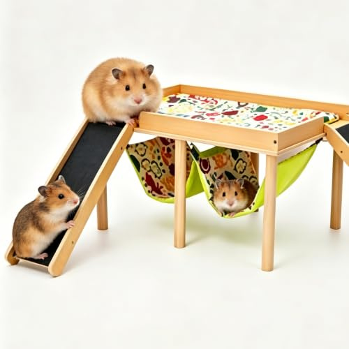 Cabane en Bois pour Cochons d‘Inde avec Hamacs et 2 Rampes – 40x30x25cm | Maisonnette Cachette pour Hamster, Gerbille, Octodon, Lapin Nain, Chinchilla