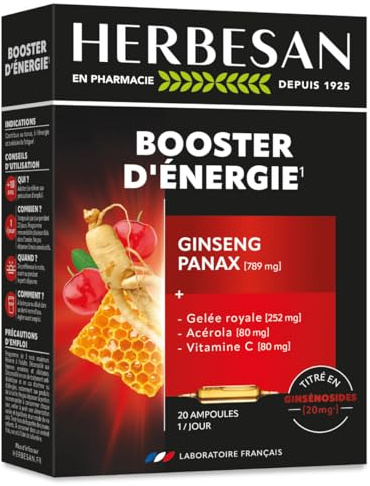 Ginseng, Panax Ginseng Meyer, Gelée Royale, Vitamine C, Acérola - Ampoules | Cure de 20 ampoules de 10ml -Immunité, booster énergie, tonus, fatigue - Fabrication française - Herbesan