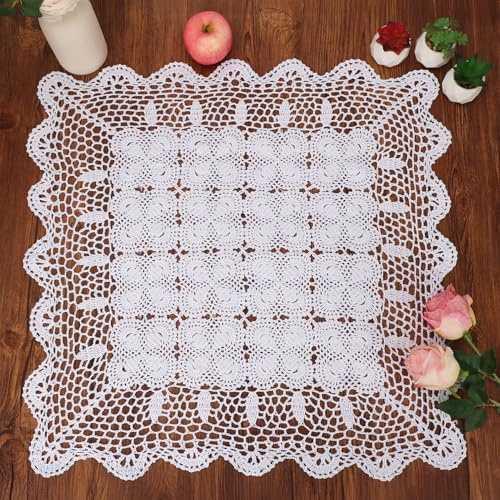 kilofly Handmade Crochet Cotton Lace Table Placemats Sofa Doilies, Square, White, 27 inch