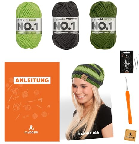 myboshi Häkelset Mütze Iga für Anfänger, inkl. No.1 Wolle, Häkelnadel, Wollnadeln, Anleitung, Label, Häkelpaket, 30% Merinowolle Anthrazit mit Häkelnadel