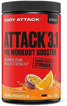 Body Attack Pre Workout Booster – Orange Maracuja, 600 g - Hochdosierter Pre Workout Booster mit Koffein, L-Arginin, Taurin & Creatin - für Bodybuilding & intensives Training