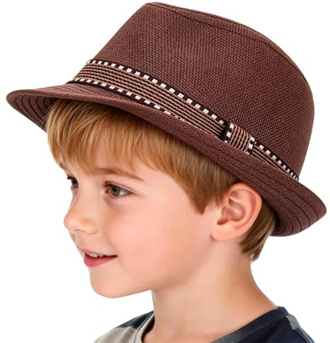 ITODA barn linne topphatt trilby hatt andningsbar halmhatt pojkar flickor solhatt sommar resa strand hatt utomhus snapback keps flänsande hatt UV-skydd solhatt för 3-8 år gammal Kaffe