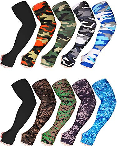 Bememo 10 Pairs Camo Arm Sleeves for Men Elastic Cooling UV Sun Protection Cover Compression Sport Sleeves for Cycling(Camouflage, Black)