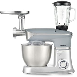 Zephir, Impastatrice planetaria professionale 7 lt con Frullatore e Tritacarne, Potenza 1300W, Frullatore in vetro 1,5lt, 6 velocità, Ciotola acciaio inox 7L, Piedini antiscivolo, Blocco di sicurezza