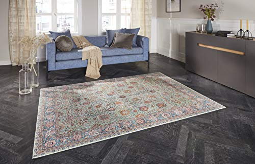 ELLE Decoration Mahal Orientalischer Teppich - Kurzflor Vintage-Look Orientalisch Ornamente-Muster Klassischer Orientteppich für Wohnzimmer Esszimmer Flur oder Schlafzimmer Jade Grün, 120x160cm