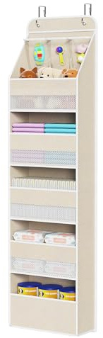 Univivi 6-Shelf Over Door Hanging Organizer Fabric Baby Door Storage with 5 Extra Large Capacity Pockets Behind the Door Hanging Storage Organizers Easy Install Door Storage for Baby Essential (Beige)
