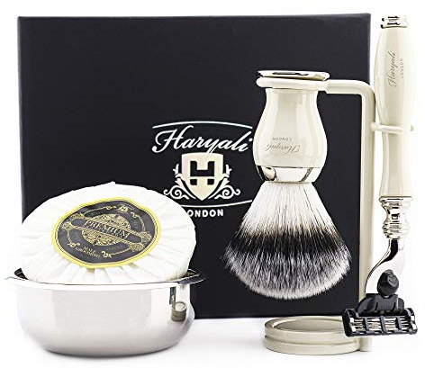 Premium Shaving Kit mit Super Rasierhobel Rasierer, Edelstahl Rasierschaumschüssel, Ständer und Synthetik Rasierpinsel set für Herren klassische Rasierset