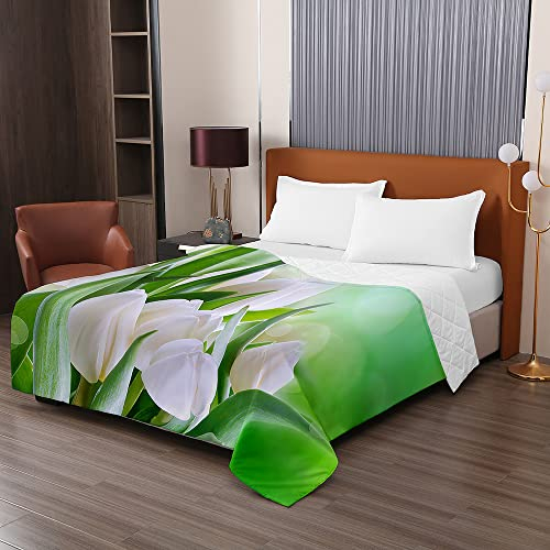 Chickw1 Tagesdecke Bettüberwurf Steppdecke, 3D Tulpe Blume Drucken Tagesdecken mit Präge Wohndecke aus Mikrofaser Gesteppt Bettdecke für Einzelbett Doppelbett (180x220cm,Weiß)