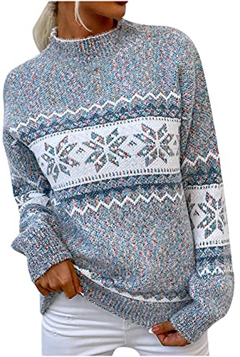AMhomely Womens Nordic Pullover Tops Fairisle Jumpers Long Sleeves Icelandic Sweaters Novelty Xmas Christmas Snowflakes Knitted Sweater