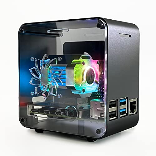ElectroCookie Raspberry Pi 4 Case, Aluminum Mini Tower Case with Dual Power Cooler and Color Changing Ambient Light (Matte Black)