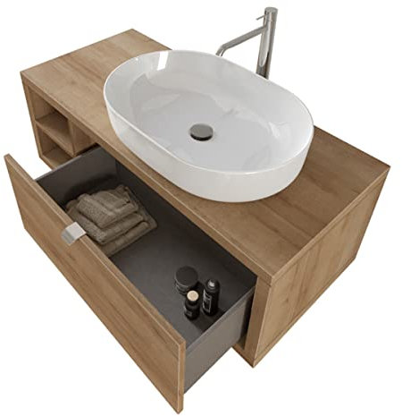 Yellowshop - Mobile bagno sospeso 110 cm cassetto, ripiano, lavabo - specchiera con luce led (opz.) Domus Rovere Farnia (Mobile con Lavabo)
