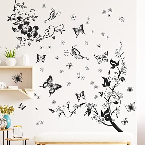 COVPAW® Wandtattoo Wandaufkleber XXL Blumen Ranke Schmetterling Wandsticker Wandbild Bilder Wohnzimmer Schlafzimmer Deco