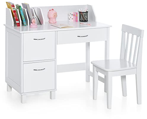 COSTWAY Set di Scrivania e Sedia per Bambini, Scrivania per Bambini con Cassetto e Armadietti, Ideale per Camera da Letto Sala Studio, 90,5 x 46 x 81 cm (bianco)