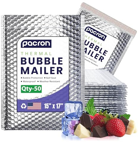50-Pack Insulated Silver Thermal Bubble Mailers 15 x 17 - Waterproof Metallic Foil Self-Sealing Padded Envelopes for Cold Shipping, Perishables, Food, Cosmetics, Pharmaceuticals