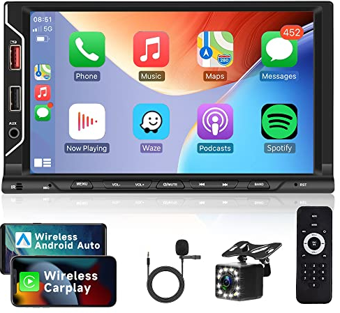 Wireless Apple Carplay Autoradio 2 Din mit Android Auto Bluetooth Freisprecheinrichtung Mirror Link 7 Zoll Touchscreen Autoradio mit Bluetooth FM Radio USB/TF/AUX Lenkradsteuerung + Rückfahrkamera
