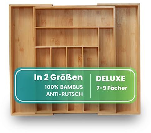 ZEN HOME Deluxe Bambus Besteckkasten für Schubladen, ausziehbar 33–50 x 43 x 5 cm, Anti-Rutsch Besteck Organizer Schubladeneinsatz mit 7 bis 9 Fächern