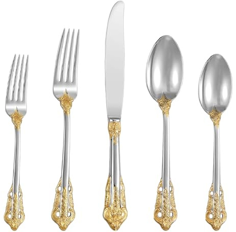 SHEUMNT Magnifique ensemble de couverts baroques or argentés 18/10 en acier inoxydable 20 pièces, ustensiles comprenant une fourchette, une cuillère et un couteau avec coffret cadeau