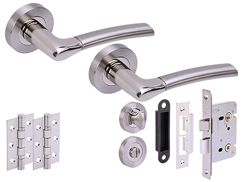 Hunta HANDLEZONE® Ursa Door Handles on Rose Bathroom Lock Pack with 75mm Ball Bearing Hinges and 76mm Lock - Dual Polished/Satin Nickel