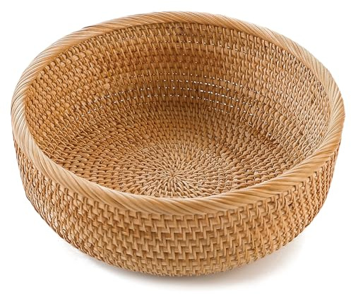 HITOMEN Handmade Rattan Bread Baskets Round Wicker Fruit Serving Storage Bowls, Natural Woven Decorative Kitchen Counter Organizing (Honey Brown) M-9.2