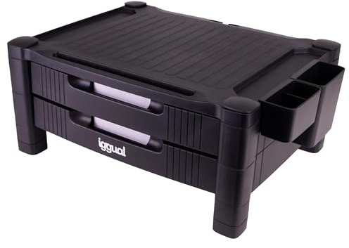 iggual - Elevador de Monitor con 2 Cajones, Soporte Monitor Escritorio Ajustable (13-19 cm), Soporte Portátil con Ranura Tablet y Gavetas Laterales, hasta 30 kg