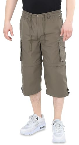 Ben Creek – Capri fritidsbyxor för män – Bermudashorts för vardag och semester – 3/4 dragkedja off vandringsbyxor med elastiskt midjeband – kort Cargo med multifickor QM7, oliv, XXL